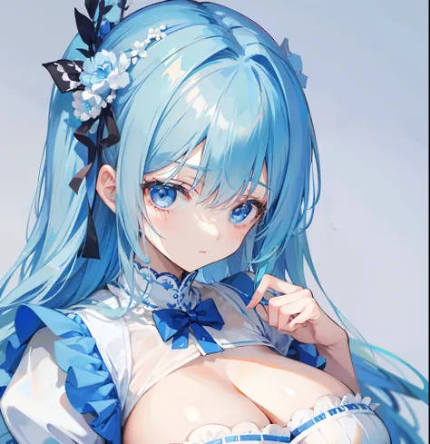 blue hairs，Blue and white clothes，Sexy big breasts，Sell cute very cute sweet girl