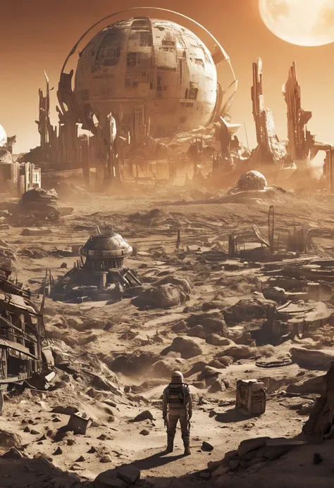 ZA masterpiece，True HD photos，high detal，Highest definition，8K，Leica lens，Set against the backdrop of the Wasteland planet，Depicting the futuristic world of science fiction。The planet looks like its going through a disaster，Ruins are everywhere，Dilapidated...