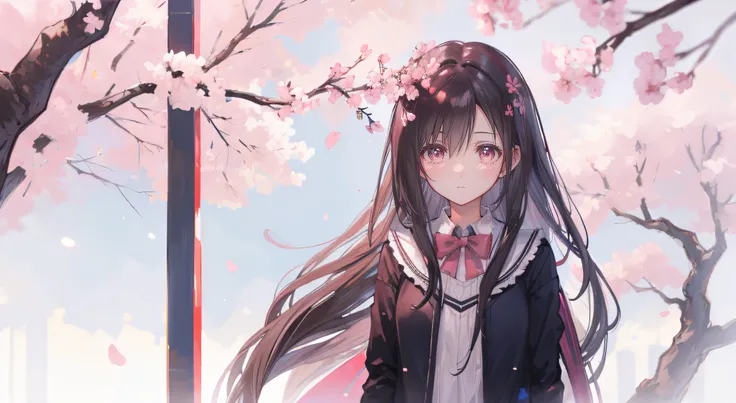 (((high high quality)))，quadratic element，teens girl，adolable，Shy，Student clothing，cherry blossom tree background