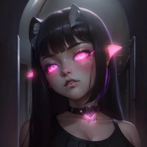 anime girl, succubus, sad face, black hair, sad, neon, depressed, best quality, lights