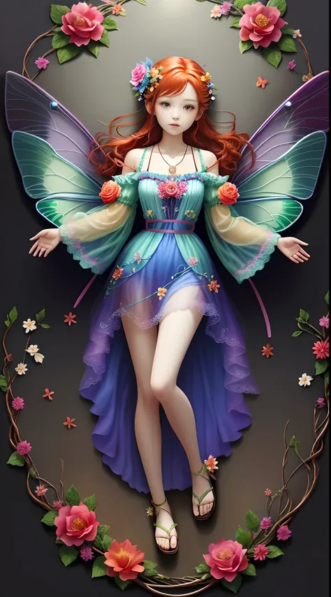 Full body photo，1 Flower fairy，[（Transparency）+Colorful wings]，redheadwear，Floral hair ornaments，sandals,，pendant，Colorful dresses，Loose-fitting sleeved jacket，（Magic wand），rosette，（Perfect detailed hands）,intricately details, masterpiece of intricate artw...