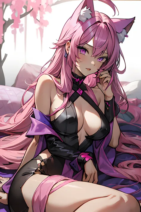 (masterpiece, best quality), 1lady, solo, long hair painted in two halves pink on the left side with purple neko ear and purple on the right side with pink neko ear starting from the root to the ends of the end, purple eyes with pink.