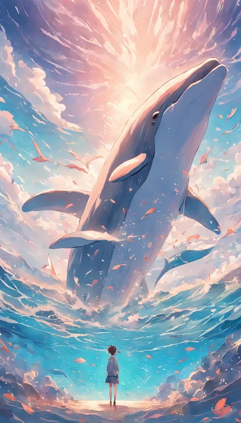 Painting of a dolphin swimming in colorful ocean, Look up at the composition，sky whales, Inspired by Cyril Rolando, dreamy psychedelic anime, colorful anime movie background, A beautiful artwork illustration, author：Shitao, colorful concept art, Makoto Shi...