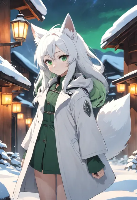 Gender male，Green eyes，Cute snow fox anthropomorphic，white short sleeve，White to gray trench coat，white color hair，Light gray pants，Gray Shoes，Snowy mountains and wooden houses in the background