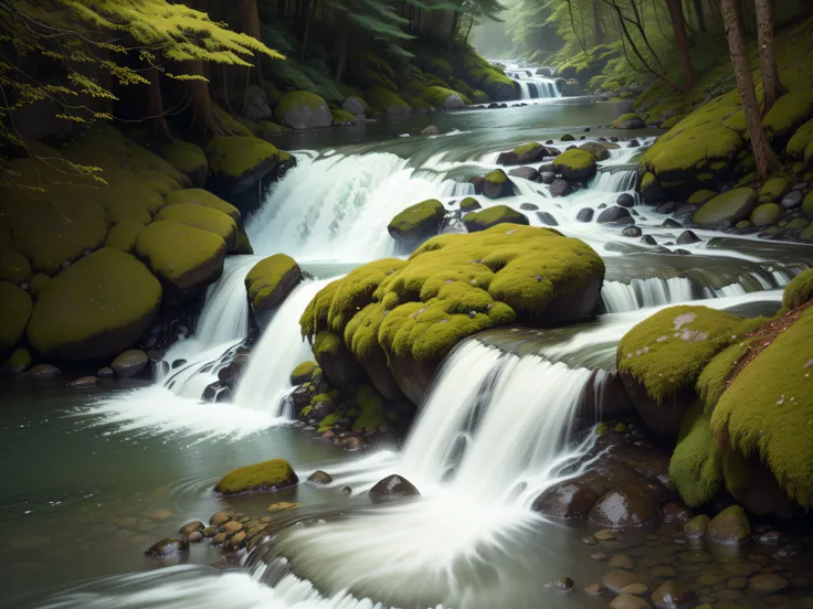 Cascading Rivers: The rushing waters of a river cascade over moss-covered rocks, creating a symphony of sound and motion.