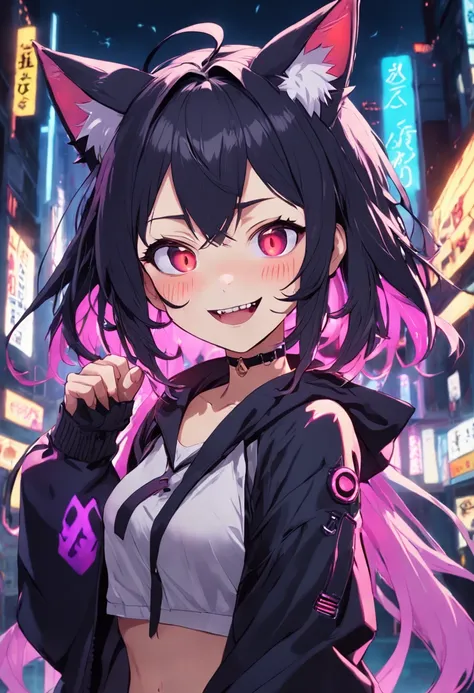 Gothic Girl, tousled, hair wavy, look at a camera, smiling, resplendent smile, Show fangs, neon light, cyberpunk clothes, Dark shades of clothes, Open mouth, Smile, tusk, Tongue out, Cat ears, Fox ears, rimless eyewear, ghibli-like colors, emphasis lines, ...