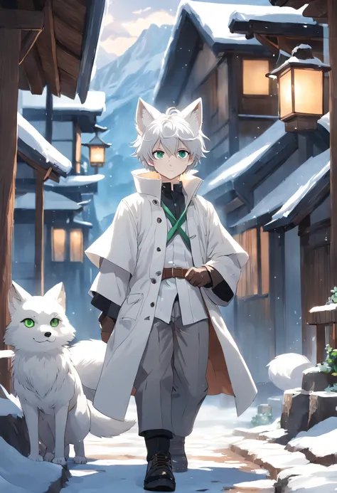 Gender male，Green eyes，Cute snow fox anthropomorphic，white short sleeve，White to gray trench coat，white color hair，Light gray pants，Gray Shoes，Snowy mountains and wooden houses in the background