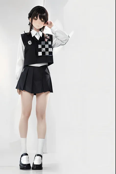 Arapei girl in school uniform poses for a photo, Magical school student uniform, wearing black vest and skirt, Japanese school uniform, japanese girl school uniform, JK school uniform, Black and white clothes, magic school uniform, school uniform, girl in ...