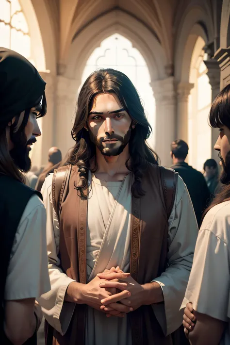 Jesus talking with people, in front of camera, looking to a camera