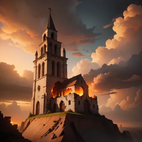 a church on a cliff, with a brick wall being destroyed, and crumbling as if it were turning to dust. in the background a sky with many orange clouds, referring to the end of time. realistic apocalypse