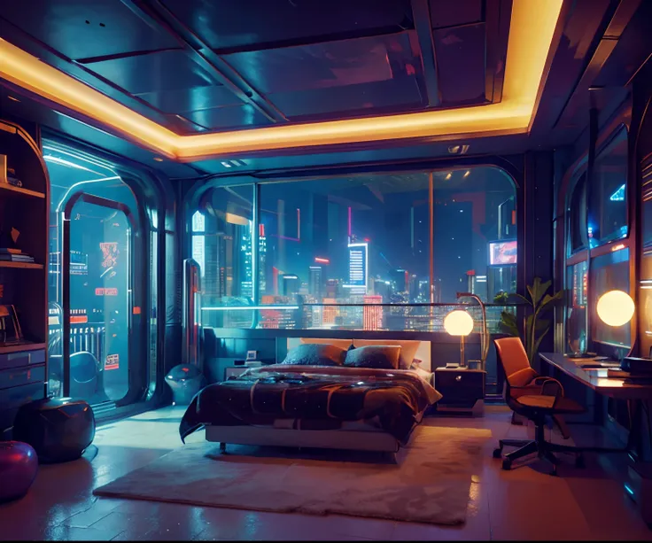 ((masterpiece)), (ultra-detailed), (intricate details), (high resolution CGI artwork 8k), Create an image of a retro futuristic cyberpunk bedroom. One of the walls should feature a big window with a busy, colorful, and detailed cyberpunk cityscape. Futuris...