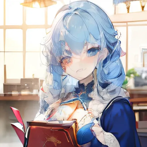 Blue and white hair curls， Bigchest，Sells cute and lovely woman，Holding the Red Book ，a slight light，Star hair ornaments，A faint but firm smile