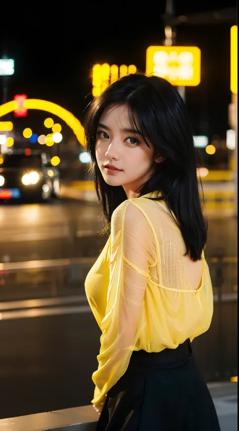 black hair woman portrait,in the middle of the city bridge, bokeh, yellow lights, photography, canon, camera, stunning style, close up, black clothes