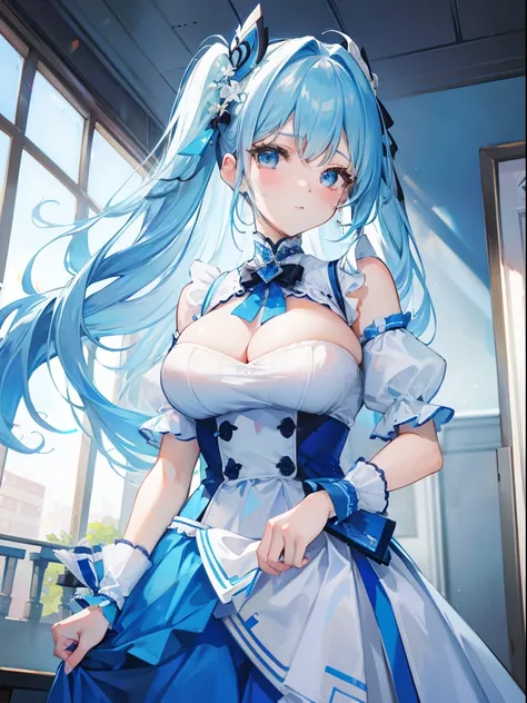 blue hairs，Blue and white clothes，Sexy big breasts，Sell cute very cute sweet girl