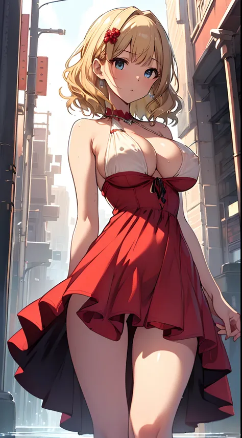 NSFW, ((Tube Top:1.2, Extremely detailed red dress:1.2, ultra detailed thight dress)), (idolmaster:1.2), ohana-san, (Sagging big tits:1.3), extremely blue eyes:1.2), (Very beautiful layer cut hair:1.3, Raising hair on the neckline, Very beautiful blonde ha...