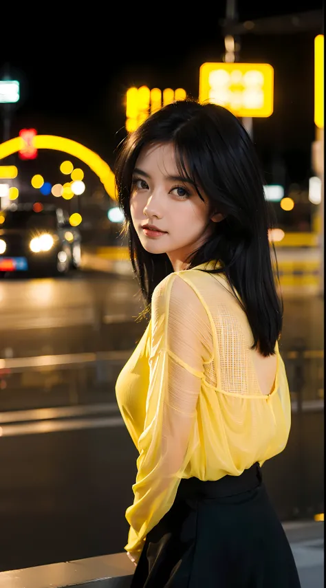 black hair woman portrait,in the middle of the city bridge, bokeh, yellow lights, photography, canon, camera, stunning style, close up, black clothes