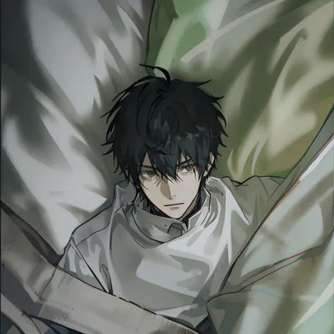 a boy with，with short black hair，black sweatshirt，sleep in bed，overhead photography，open your eyes