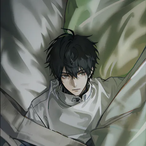 A boy with，with short black hair，Black sweatshirt，Sleep in bed，overhead photography，Open your eyes