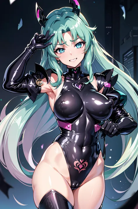 a closeup, 1girl in, Sailor Neptune, aqua eyes, Dark green hair, Medium Hair, (Body tights, Black latex long gloves and boots, Aqua-colored lines on the body, Heart Nipple Less, The navel is visible, Tattoo of the lower abdomen:1.1), Eyes without light, gr...