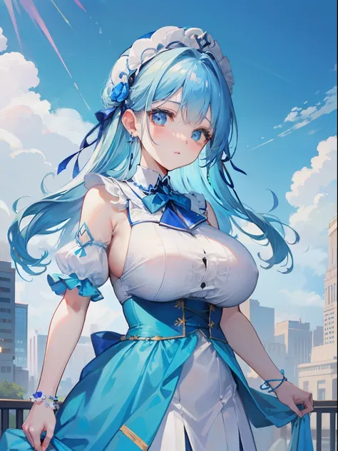 blue hairs，Blue and white clothes，Sexy big breasts，Sell cute very cute sweet girl