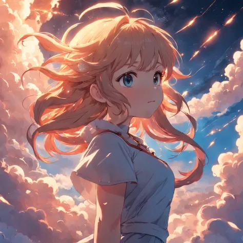 masterpiece, best quality, movie still, 1girl, cloud girl, floating in the sky, close-up, bright, happy, warm soft lighting, sunset, (sparks:0.7)