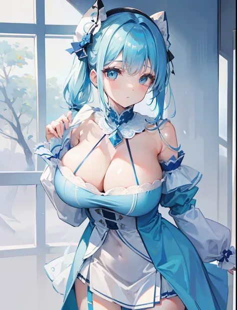 blue hairs，Blue and white clothes，Sexy big breasts，Sell cute very cute sweet girl