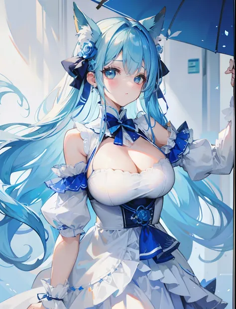 blue hairs，Blue and white clothes，Sexy big breasts，Sell cute very cute sweet girl