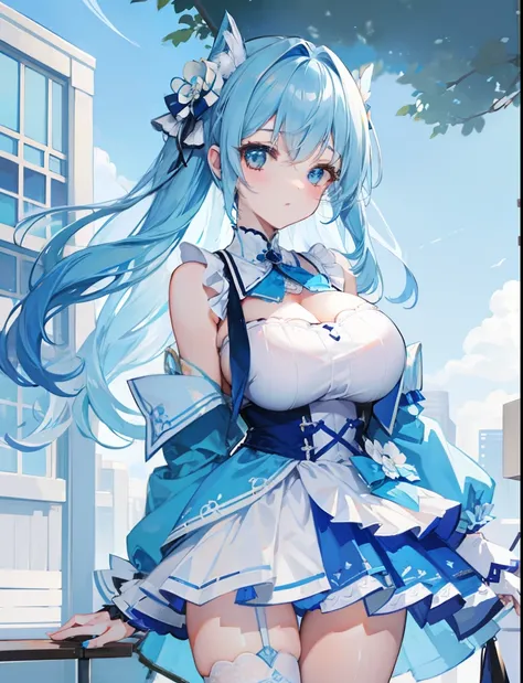 blue hairs，Blue and white clothes，Sexy big breasts，Sell cute very cute sweet girl