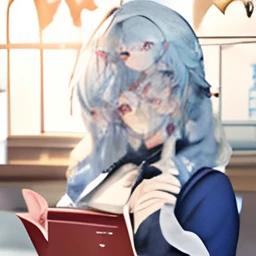 Light blue and white curly hair long hair，Sells cute and lovely woman，Holding the Red Book，a slight light，Star hair ornaments，A faint but firm smile，sideface，dishiveredhair，By bangs。