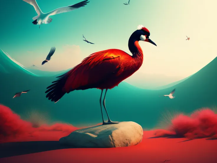 There is a one-legged red-crowned crane standing on a rock in the grass, Cyan back feathers，Red belly feathers，White mouth，a digital painting inspired by Mike Winkelmann, cgsociety contest winner, Fantasy art, fiery bird, birds f cgsociety, Beautiful digit...