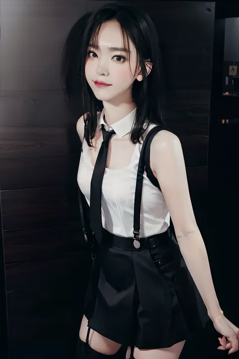 a black skirt, neck tie, Tank Tops　suspenders, Long Black Hair, Gray eyes, holster, Garter belt on the legs, , Moderately breasts, Pichi Pichi clothes, both sides　deadpan　Behind