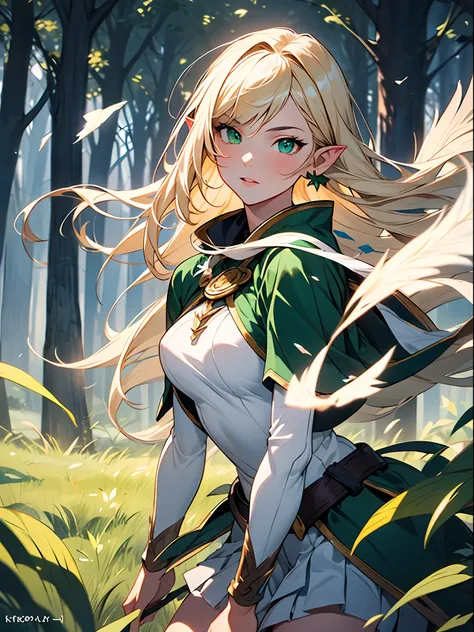 ((Best Quality)),((Beautifully painted)),((hight resolution)),(((Fantasy))),1girl in,((Beautiful woman)),((pointy ear)),White pleated skirt,Blonde long straight hair,K dark green eyes,middlebreasts,Surcourt,Green clothes,Green Cape,Ride the wind through th...