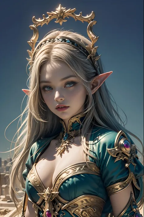 (masterpiece, top quality, best quality, official art, beautiful and aesthetic:1.2), (1 Elf warrior girl), wearing extremely detailed plate mail, long shapeless hair, (fractal art:1.3),colorful,highest detail, cinematic lighting, elven city background.