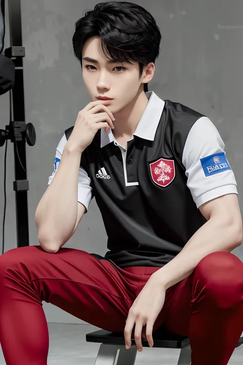 solo, male focus, 1boy, shinjichair, sitting, head down, short black hair, 1boy, (masterpiece, ultra quality, high resolution, 8k, intricate: 1.2), (detailed face:1.2), handsome, Young Korean man ,white skin, double eyelids , detailed skin, 1boy, ((realist...