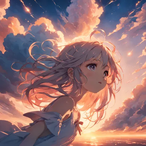 "masutepiece, Outstanding quality, Cinematic shots of girls, An ethereal cloud-like figure floating in the sky, Captivating close-ups, Vividly illuminated with a warm soft glow, Set during a beautiful sunset, With a gentle spark of magic: 0.7."