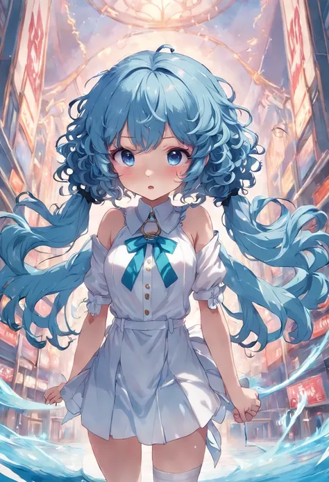 Blue curly hair cute white silk loli，With a pair of scissors