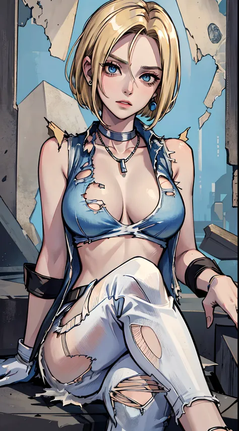 best quality, highres, and18, 1girl, android 18, solo, blonde hair, blue eyes, belt, jeans, pearl_necklace, bracelet, black gloves, white shirt, short hair, short sleeves, earrings, blue pants, open vest, black vest, large breasts, (ruins:1.3), (torn cloth...