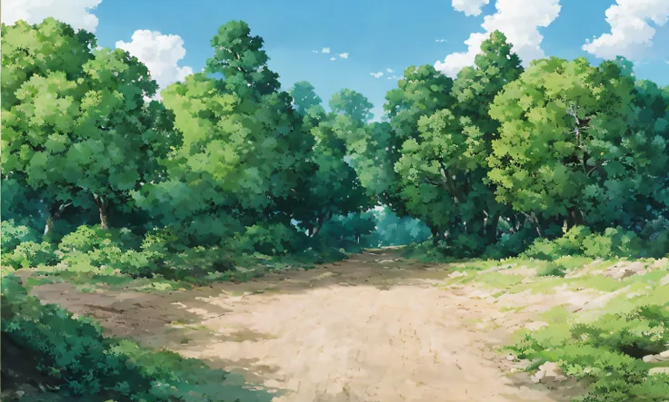 there is a painting of a dirt road in the forest, anime countryside landscape, anime background art, anime landscape, anime land...