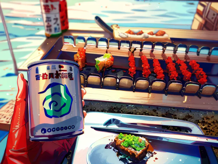 Someone is holding a can of food in front of the grill, Wang Chen, delicacy, komono, cinematic flavor, inspired by Gatōken Shunshi, strange ingredients on the table, inspired by Shunbaisai Hokuei, Chiba Yuda, with seaweed, Ready to eat