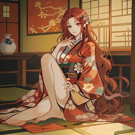 one-girl，red long wavy hair，in a kimono，Bumpy figure，boobgasm，Bare thighs，Seductive expressions，Seductive expression，Lie on a tatami，In a Japanese-style wooden house，overhead photography