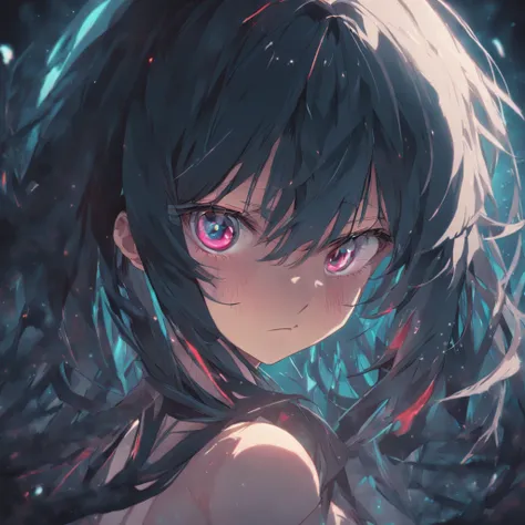 A boy,black hair, solid circle eyes, In the dark, anime big breast,  ancientry, long whitr hair, raised eyebrows, Do not understand, anaglyph, pov, atmospheric perspective, 8k, super detail, ccurate, best quality