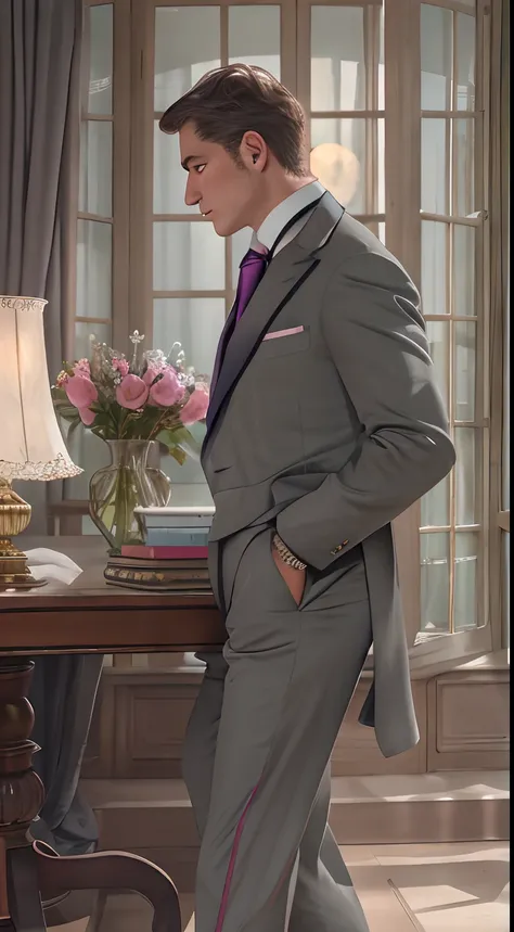 Aristocrat man, stands next to the table, in the hands of a newspaper, Beautiful athletic figure, broad shoulders and narrow hips, Dressed in a rich suit, neckerchief with brooch, (((gray eyes, narrow lips and straight nose, Powerful chin))), On the table ...