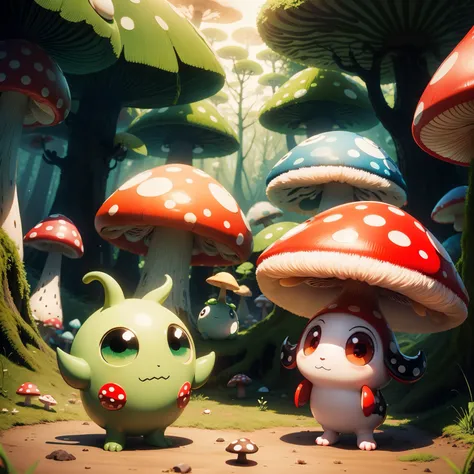 Cute monsters in Mushroom Village、The head has red polka dots like poisonous mushrooms、Have round eyes、Anime style、Standing in the forest、limbs are short、Cute Monsters、