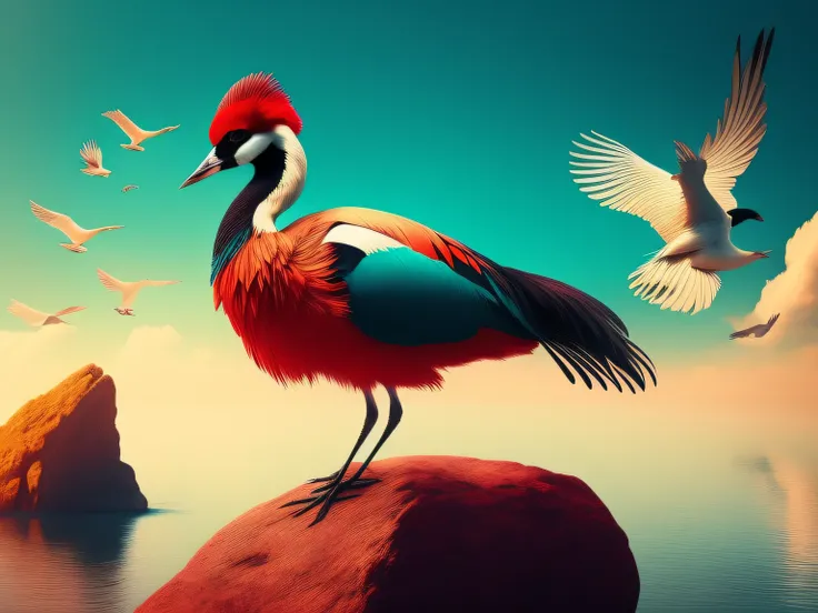 There is a one-legged red-crowned crane standing on a rock in the grass, (Cyan back feathers)，(Red belly feathers)，White mouth，a digital painting inspired by Mike Winkelmann, cgsociety contest winner, Fantasy art, fiery bird, birds f cgsociety, Beautiful d...