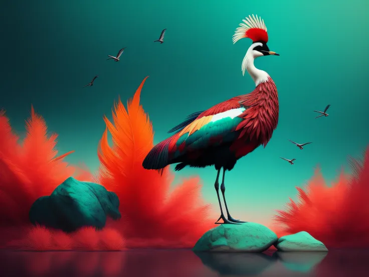 There is a one-legged red-crowned crane standing on a rock in the grass, (Cyan back feathers)，(Red belly feathers)，White mouth，a digital painting inspired by Mike Winkelmann, cgsociety contest winner, Fantasy art, fiery bird, birds f cgsociety, Beautiful d...