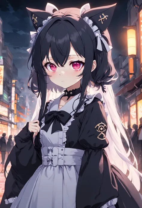 Anime girl sixteen years old，Wear a white eye patch over the right eye，Secondary disease，Wearing a black Gothic Lolita