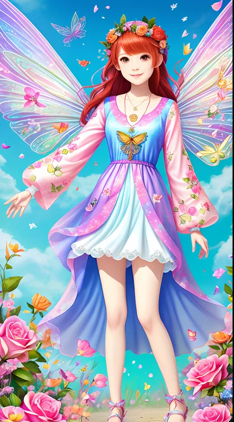 Full body photo，1 Fairy，[cleanness+Colorful wings]，redheadwear，Floral hair ornaments，sandals,，pendant，Colorful dresses，Loose-fitting sleeved jacket，（Magic wand），rose petals，（Perfect detailed fingers）,on the sky。Complicated details, artwork of a，tmasterpiec...