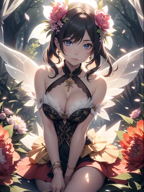 ln the forest，the night，Flower fairy, closeup cleavage，Skirt made of petals，Transparent colorful wings, Magic wand，In the background is a huge peony flower，Light attenuation，Glow effects，closeup cleavage，depth of fields，high light，Real light，Ray traching，o...