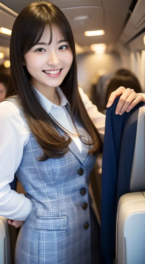 Stewardess woman smiling and serving customers on the plane、Longhaire、(Colossal tits:1.2)、((20 year old woman:1.2))、Young adorable Japan face,8k,japanaese girl、realisitic