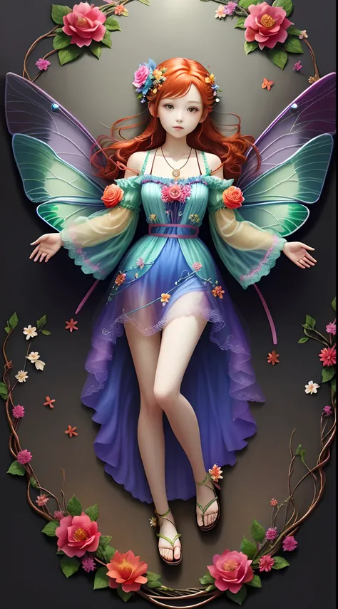 Full body photo，1 Flower fairy，[（Transparency）+Colorful wings]，redheadwear，Floral hair ornaments，sandals,，pendant，Colorful dresses，Loose-fitting sleeved jacket，（Magic wand），rosette，（Perfect detailed hands）,intricately details, masterpiece of intricate artw...